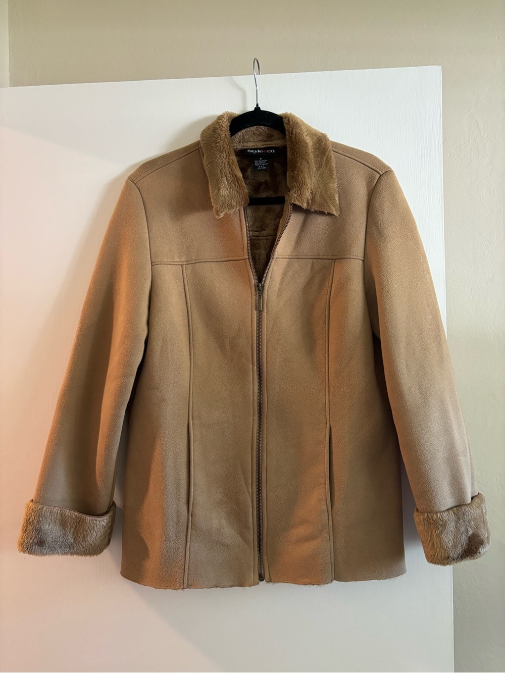 Style & Co. Tan Teddy Jacket with Faux Fur Trim
